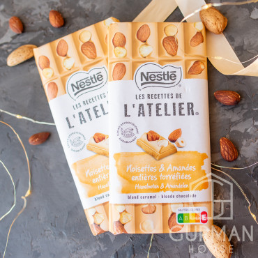 Крафтовый швейцарский шоколад Nestle L`atelier белый с карамелью, миндалем и лесным орехом 170 г